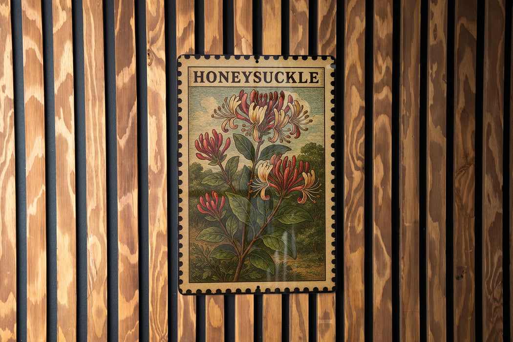 A vintage-style stamp featuring a floral illustration of a honeysuckle flower, mounted on a wooden wall.