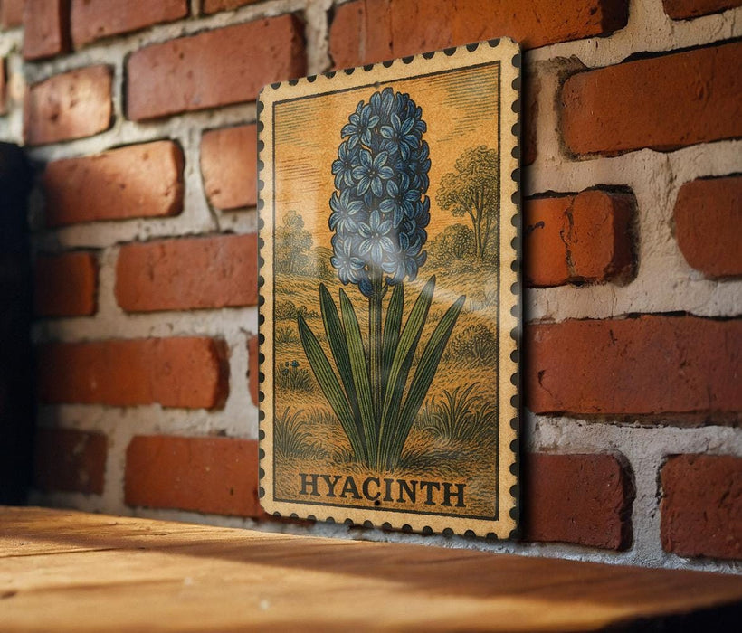 A framed illustration of a blue hyacinth flower is displayed on a brick wall.