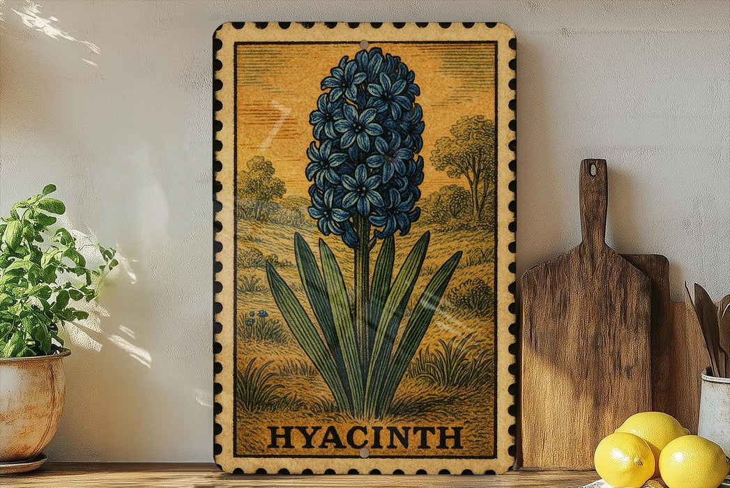 A framed illustration of a blue hyacinth flower is displayed on a shelf, accompanied by a wooden cutting board, a potted plant, and a lemon.