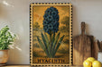 A framed illustration of a blue hyacinth flower is displayed on a shelf, accompanied by a wooden cutting board, a potted plant, and a lemon.