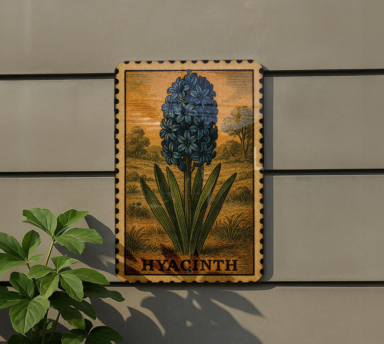 A framed illustration of a blue hyacinth flower is displayed on a wall, with a plant visible to the left.