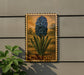 A framed illustration of a blue hyacinth flower is displayed on a wall, with a plant visible to the left.