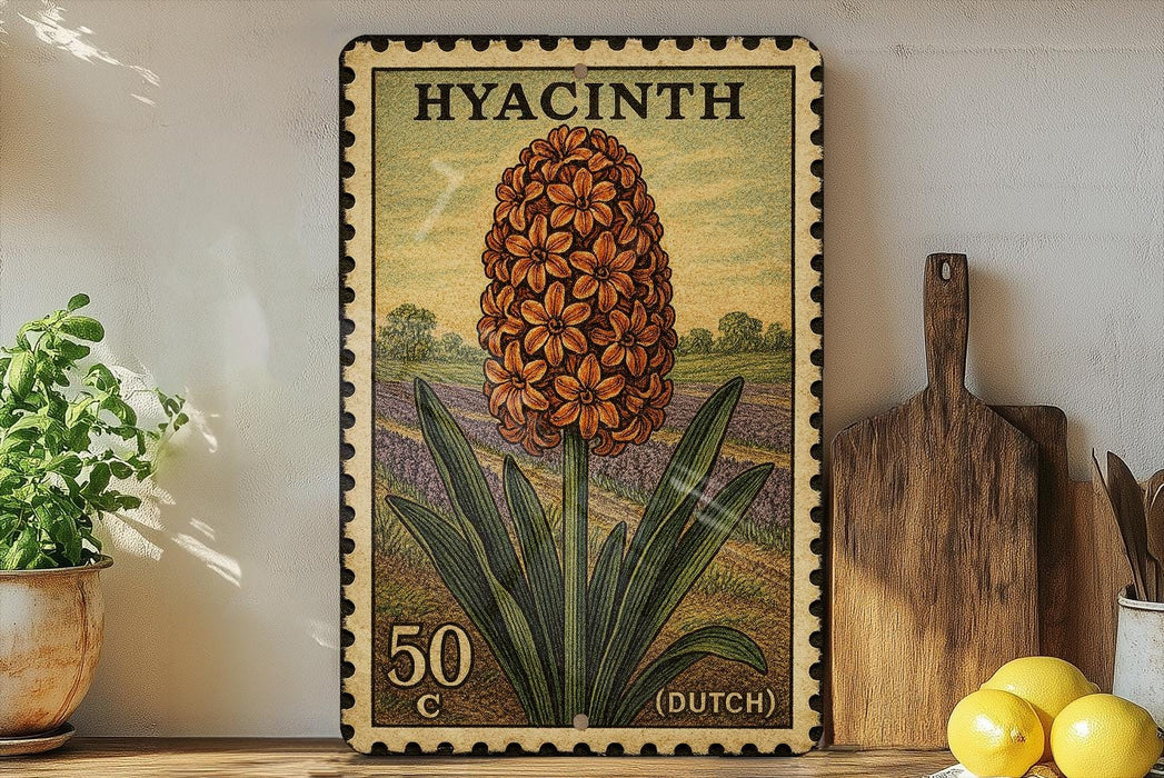 A postage stamp featuring a large orange flower, likely a hyacinth, is displayed on a shelf next to a wooden cutting board and some kitchen utensils.