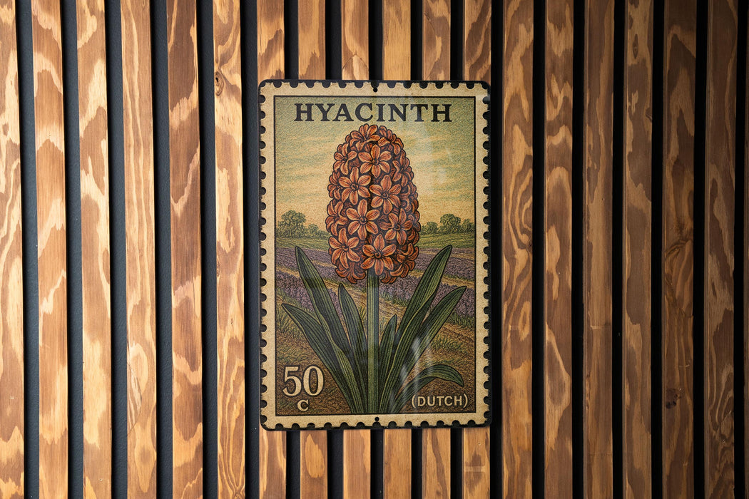 A postage stamp from Hyacinth, featuring a large flower with green leaves, is displayed on a wooden wall.