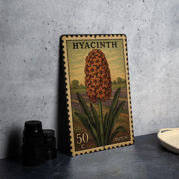 A metal stamp depicting a large orange flower with green leaves, placed on a table next to some black camera lenses.