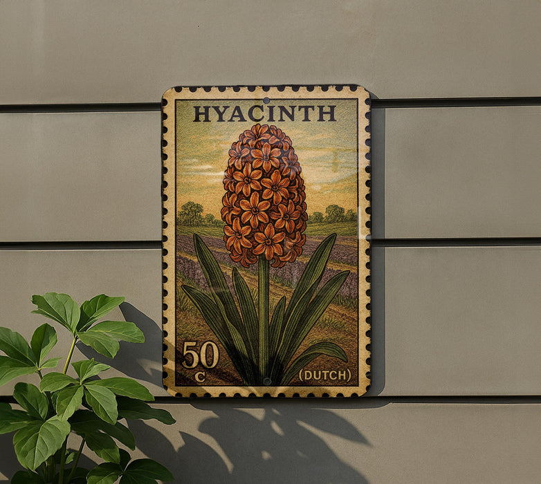 A postage stamp featuring a large orange flower with green leaves, mounted on a wall next to a plant.