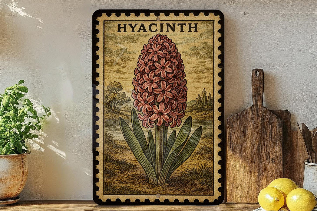 A framed illustration of a hyacinth flower is displayed on a shelf, accompanied by a wooden cutting board, a potted plant, and a lemon.