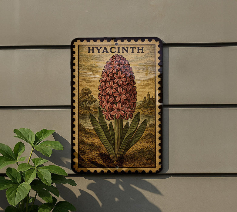 a decorative plant with a large flower, possibly a hyacinth, displayed on a wall.