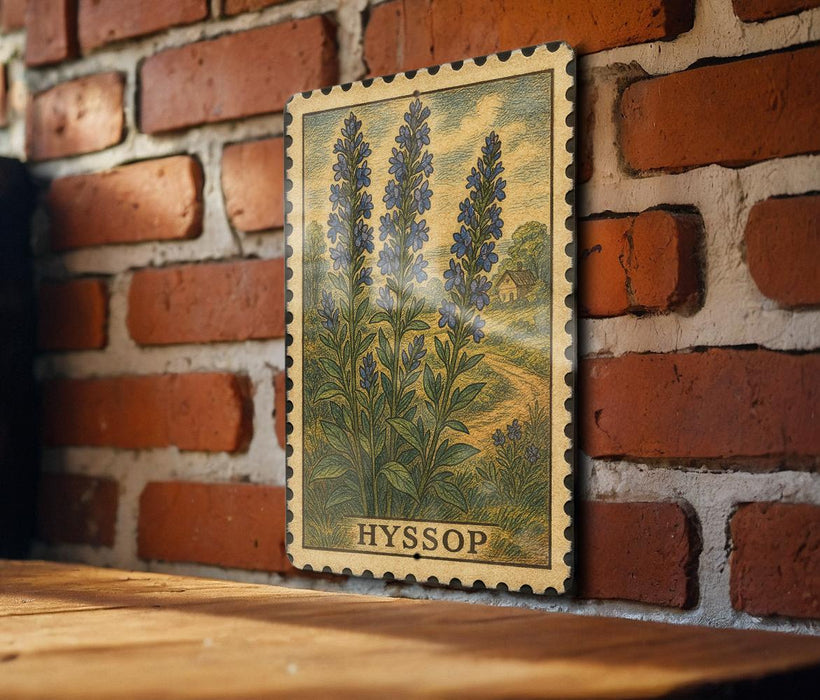 A framed illustration of blue flowers is hanging on a brick wall, with the word "HYSSOP" visible below the illustration.