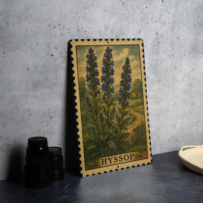 A framed illustration of blue flowers is displayed on a gray wall, accompanied by a stack of black camera lenses and a white dish.