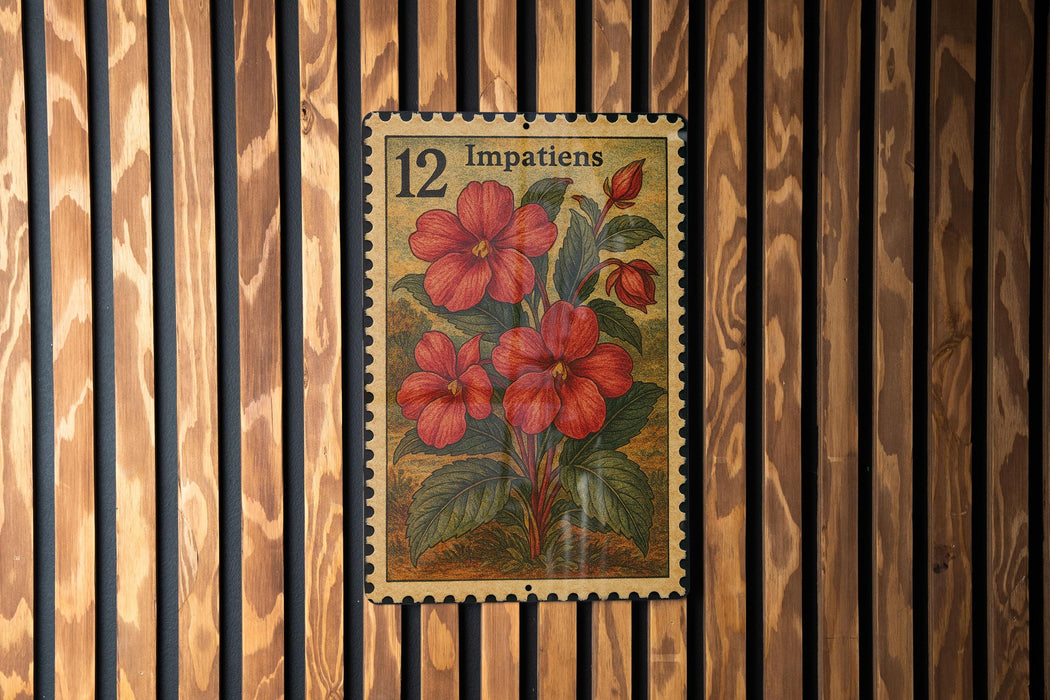 A vintage postage stamp featuring a floral design with red flowers and green leaves, mounted on a wooden wall.