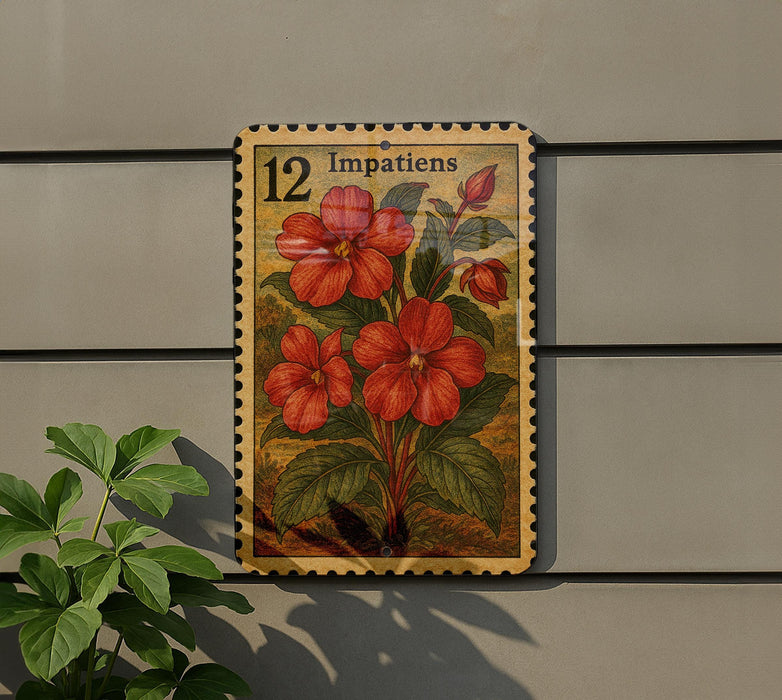 A wooden sign with a floral design hangs on a wall, featuring a large red flower surrounded by green leaves.