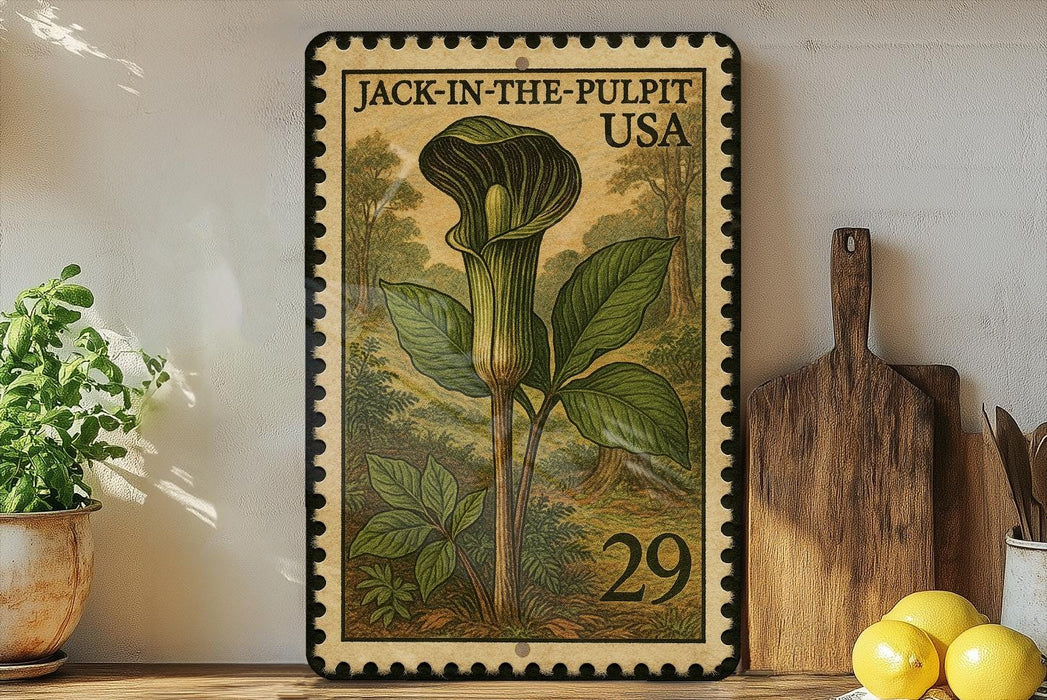 A framed illustration of a Jack-in-the-Pulpit plant from the United States, with the text "JACK-IN-THE-PULpit USA" and the number "29" printed on it. The image is displayed on a shelf next to a wooden cutting board and a potted plant.