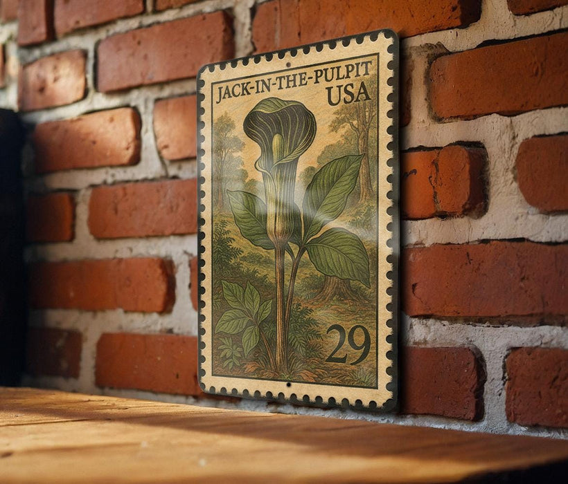 A vintage-style postage stamp featuring a large illustration of a flower, mounted on a brick wall.