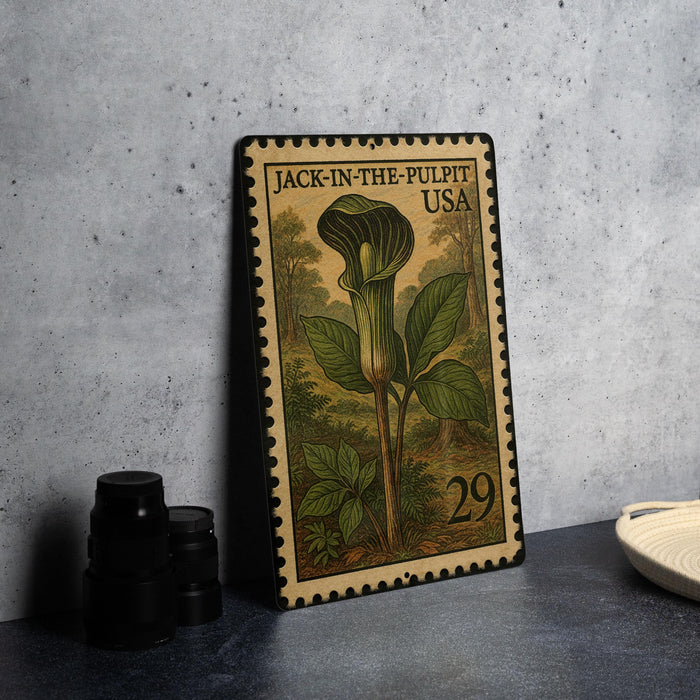 A metal stamp with a detailed illustration of a Jack-in-the-Pulpit plant, along with the text "JACK-IN-THE-PULPT USA" and the number "29". The stamp is placed on a gray surface, with a stack of black camera lenses and a white dish visible in the background.