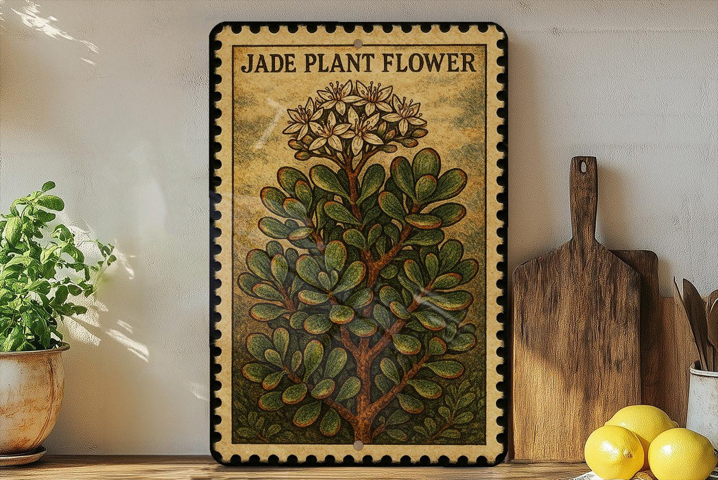 A vintage-style metal sign with a jade plant flower illustration is displayed on a shelf, accompanied by a wooden cutting board, a potted plant, and a bowl of lemons.