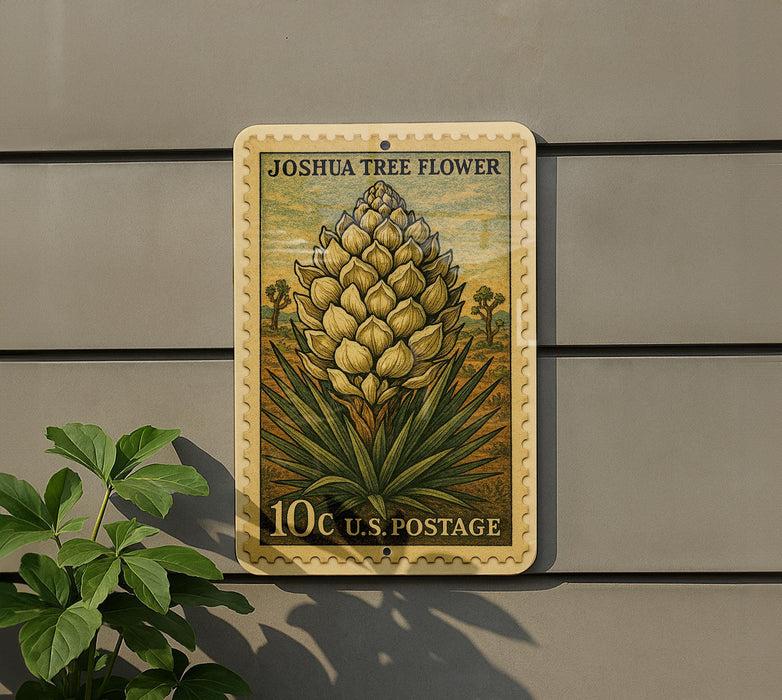 A postage stamp featuring a Joshua tree flower is displayed on a wall, with a plant to the left.