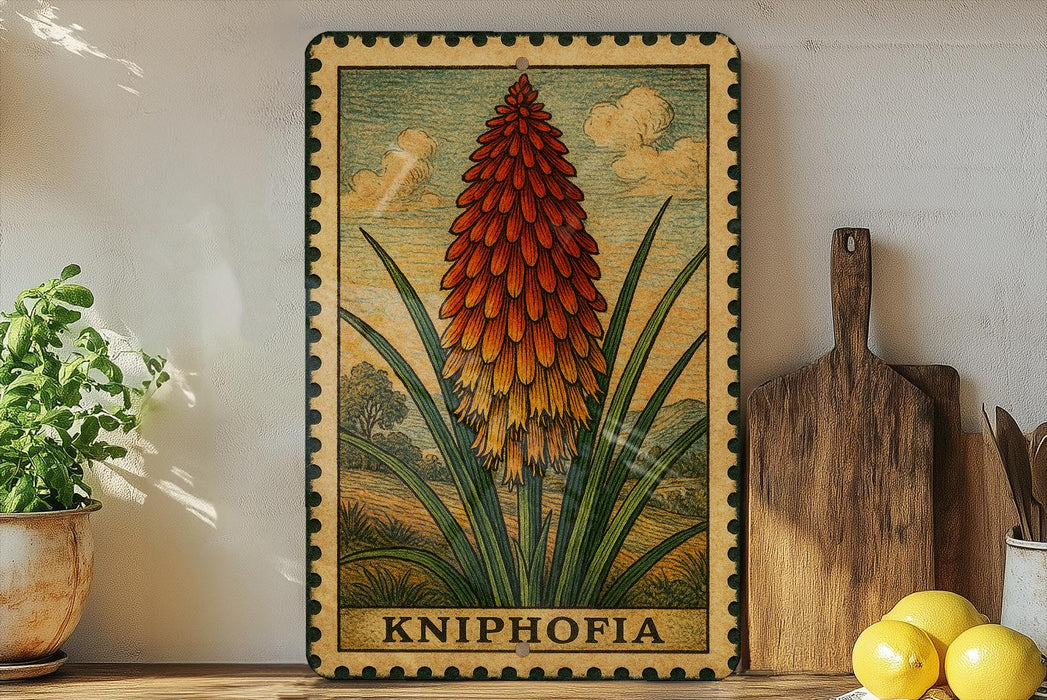 A framed illustration of a kniphofia plant is displayed on a shelf, accompanied by a wooden cutting board, a potted plant, and some lemons.