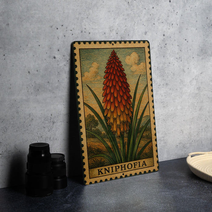 A metal plate with a colorful illustration of a flower, labeled "KNIPHOFIA", is displayed on a table next to some black camera lenses.