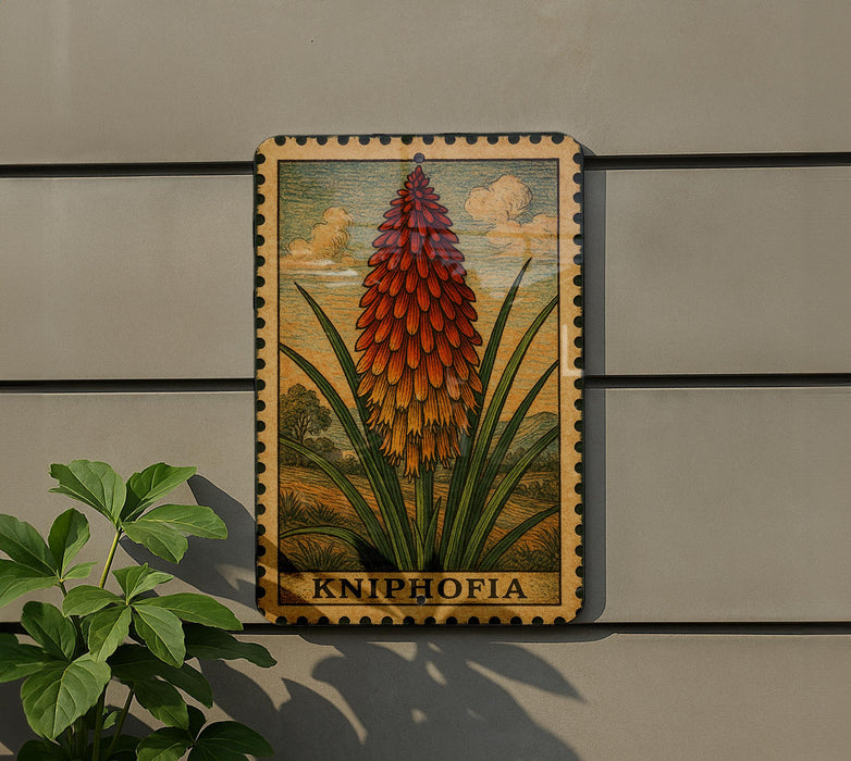 A framed illustration of a kniphofia flower is displayed on a wall, with a plant to the left of the frame.