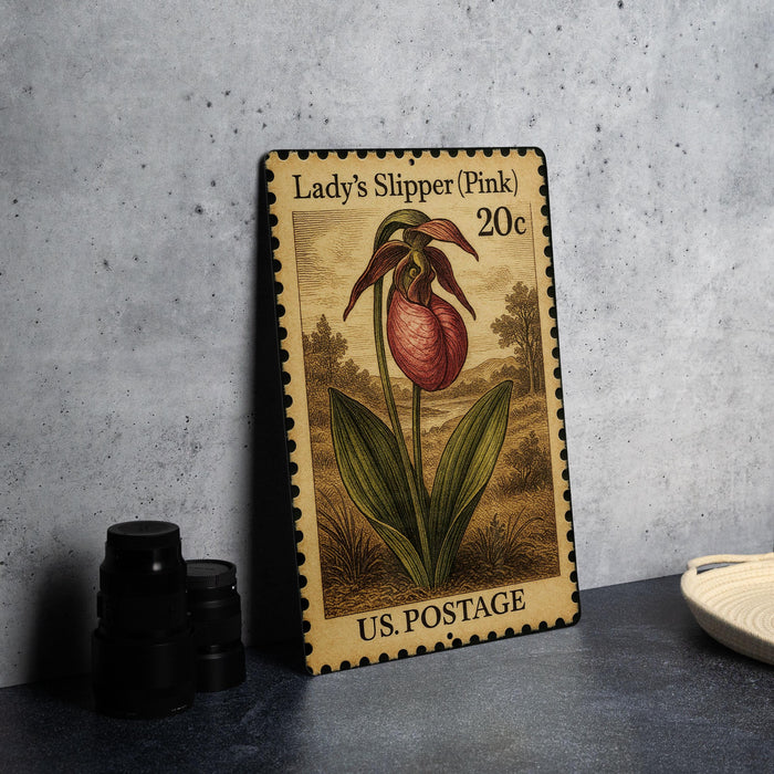 A metal stamp depicting a pink flower, labeled "Lady's Slipper (Pink)" and valued at 20 cents, placed on a gray surface next to some black camera lenses.
