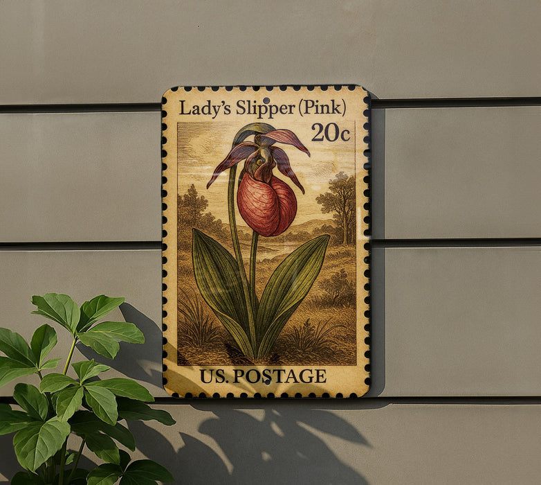 A postage stamp featuring a pink flower, labeled "Lady's Slipper (Pink)" and worth 20 cents, is displayed on a wall next to a plant.