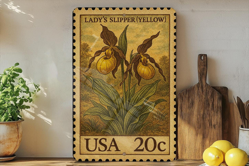 A framed stamp depicting a yellow orchid plant, with the text "LADY'S SLIPPER YELLOW" and the stamp value "20c" printed on it. The stamp is placed on a wooden surface, with a potted plant, a wooden cutting board, and some lemons nearby.