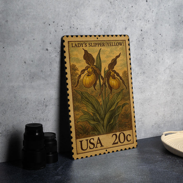 A vintage-style postage stamp featuring a yellow flower, labeled "LADY'S SLIPPERY/YELLOW", is displayed on a table next to some black camera lenses.