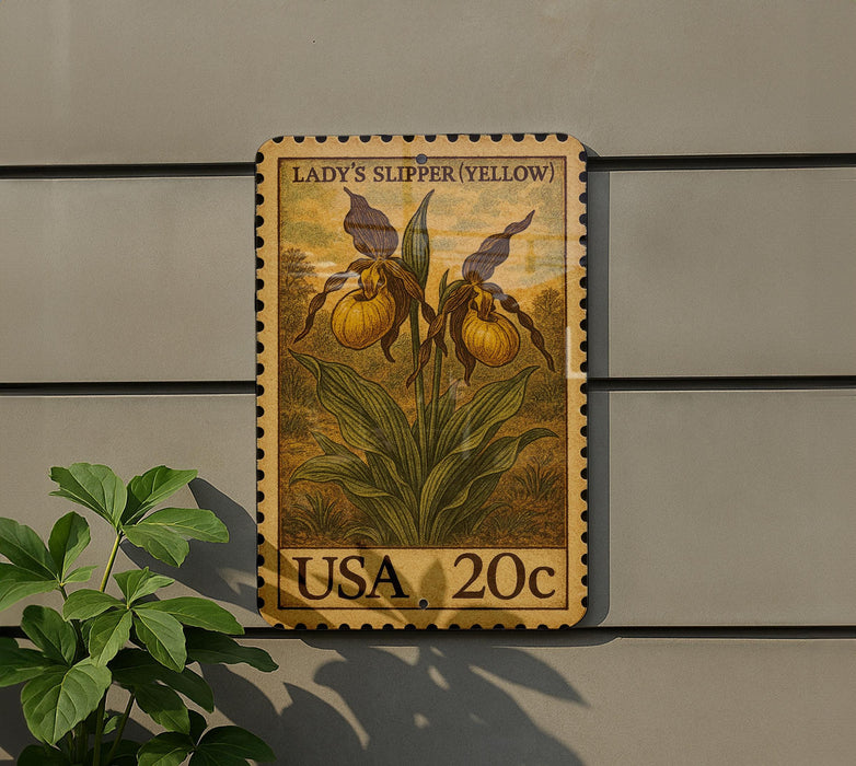 A postage stamp featuring a yellow flower with green leaves, mounted on a wall next to a plant.
