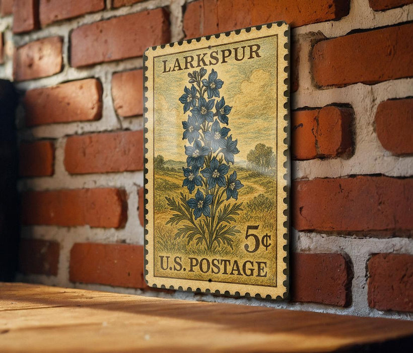 A vintage-style postage stamp from Larkspur, featuring a blue flower illustration, is displayed on a brick wall.