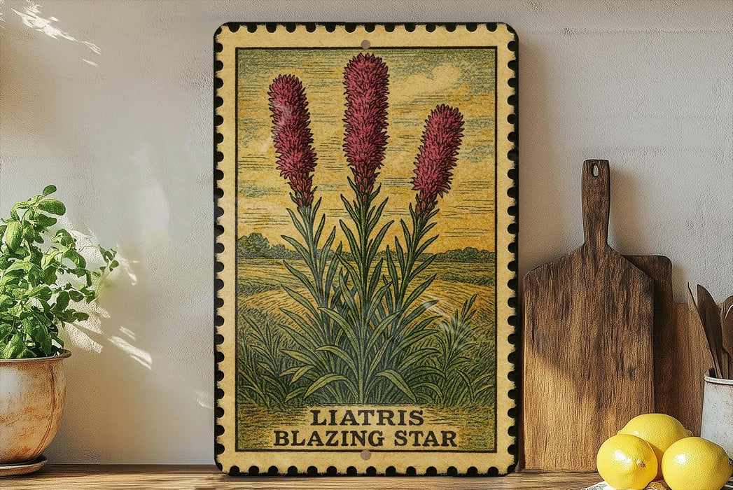 a framed illustration of three red flowers, labeled as "Liatris Blazing Star", placed on a shelf next to a wooden cutting board and a potted plant.
