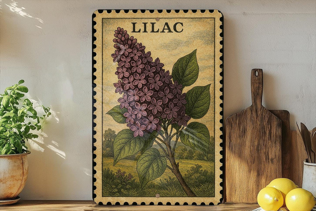 A framed illustration of a purple lilac flower is displayed on a shelf, accompanied by a wooden cutting board, a potted plant, and some lemons.