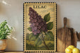 A framed illustration of a purple lilac flower is displayed on a shelf, accompanied by a wooden cutting board, a potted plant, and some lemons.