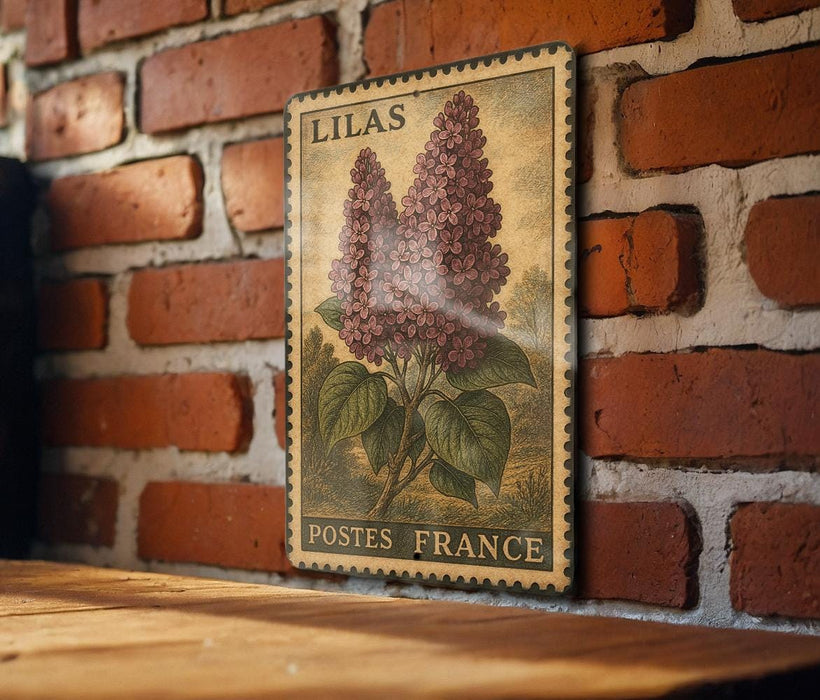 A vintage postage stamp featuring a lily flower is displayed on a brick wall.