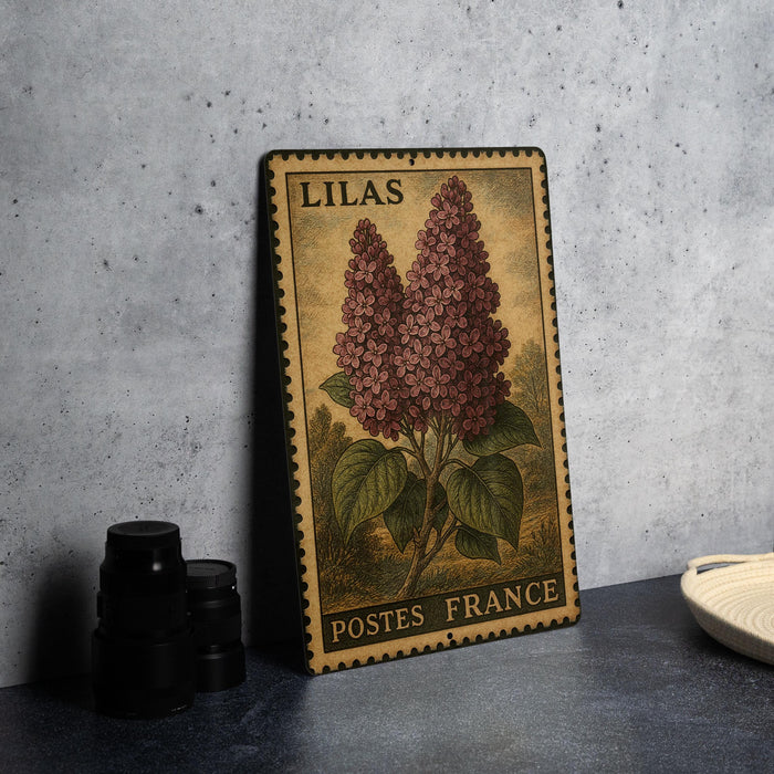 A vintage-style metal sign featuring an illustration of a purple lilac flower, with the text "LILAS" and "POSTES FRANCE" printed on it.