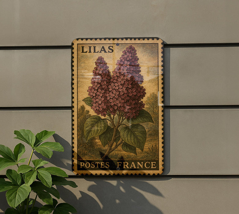 A vintage postage stamp featuring a large illustration of purple lilac flowers, mounted on a wall.