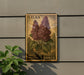 A vintage postage stamp featuring a large illustration of purple lilac flowers, mounted on a wall.