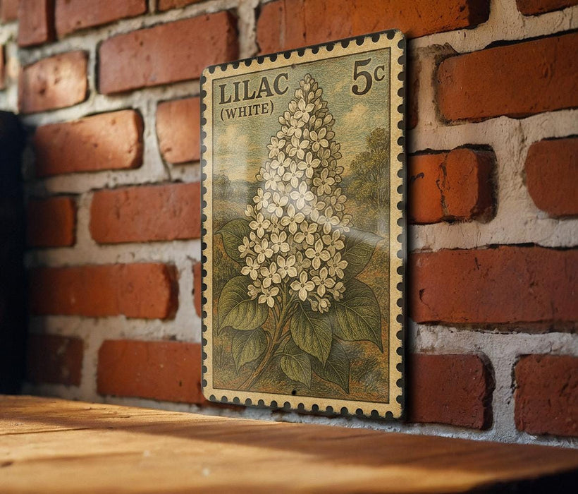 A vintage postage stamp featuring a white lilac flower is displayed on a brick wall.