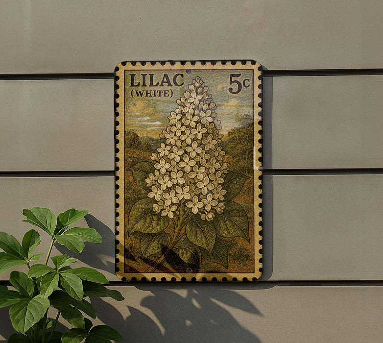A postage stamp featuring a large image of a white lilac flower, with the word "LILAC" and the value "5c" printed on it. The stamp is mounted on a wall, and there is a plant next to it.