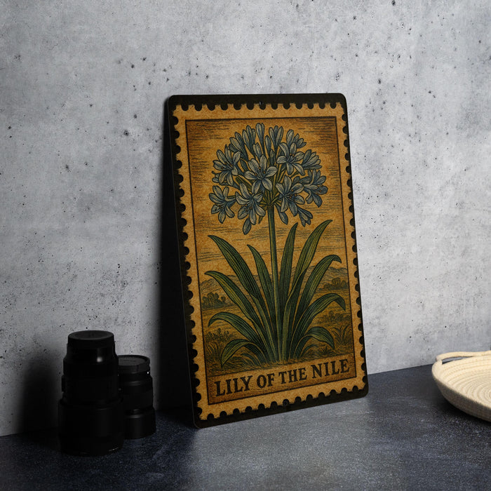 A framed illustration of a lily of the Nile flower is displayed on a table, accompanied by a stack of black camera lenses and a white dish.
