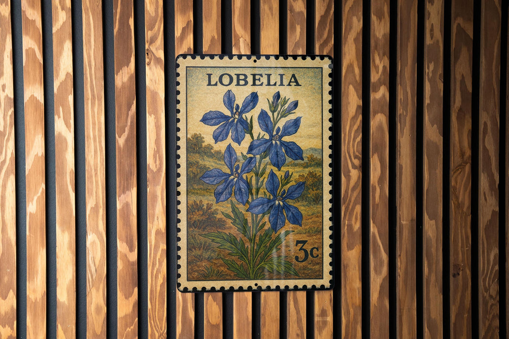A postage stamp from Lobelia, featuring a blue flower, is displayed on a wooden wall.