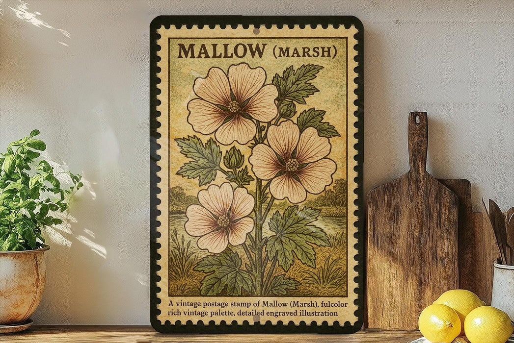 A vintage postage stamp of a marshmallow plant, labeled as 'Mallow (Marsh)', is displayed on a wooden shelf next to a wooden cutting board and a potted plant.