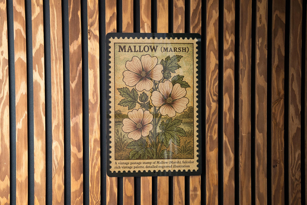 A vintage postage stamp depicting a flower labeled as 'Mallow (Marsh)', displayed on a wooden wall.