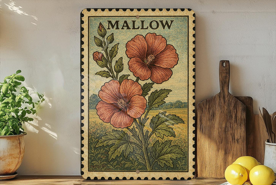 A framed illustration of two red flowers on a green background, with the word "MALLOW" written above them, is displayed on a shelf next to a wooden cutting board and a potted plant.