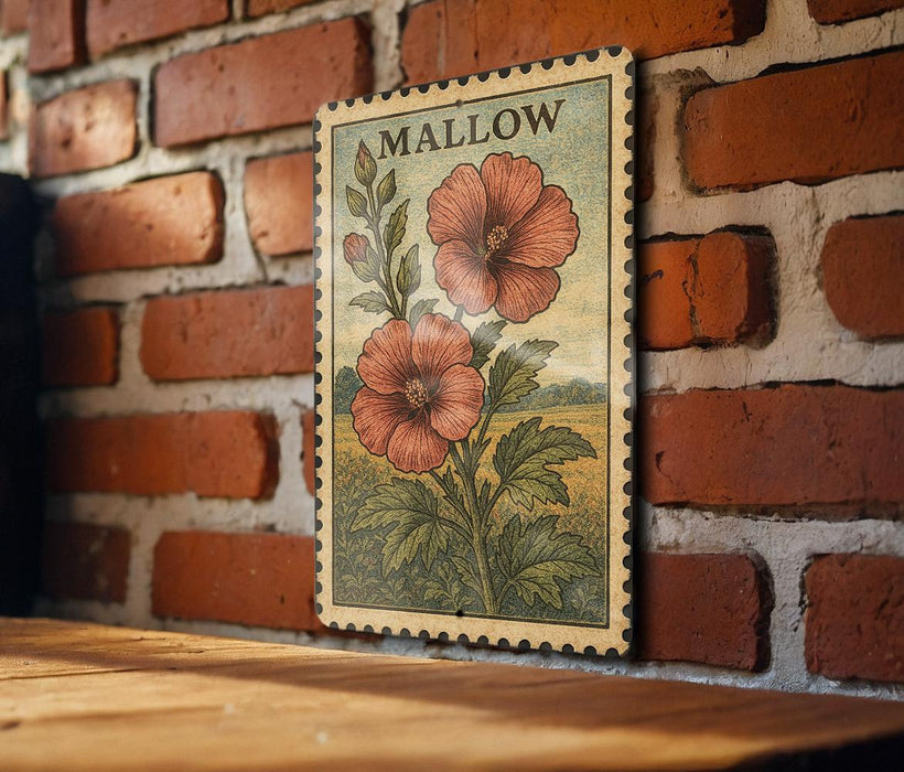 A framed illustration of two red flowers is hanging on a brick wall.