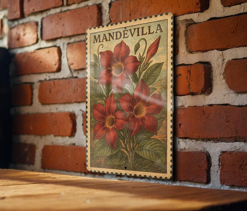 A vintage-style stamp featuring a floral illustration of mandevilla flowers is displayed on a brick wall.