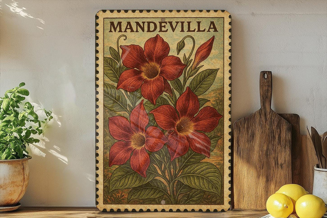 A framed vintage-style botanical illustration of mandevilla flowers is displayed on a shelf, accompanied by a wooden cutting board and a potted plant.