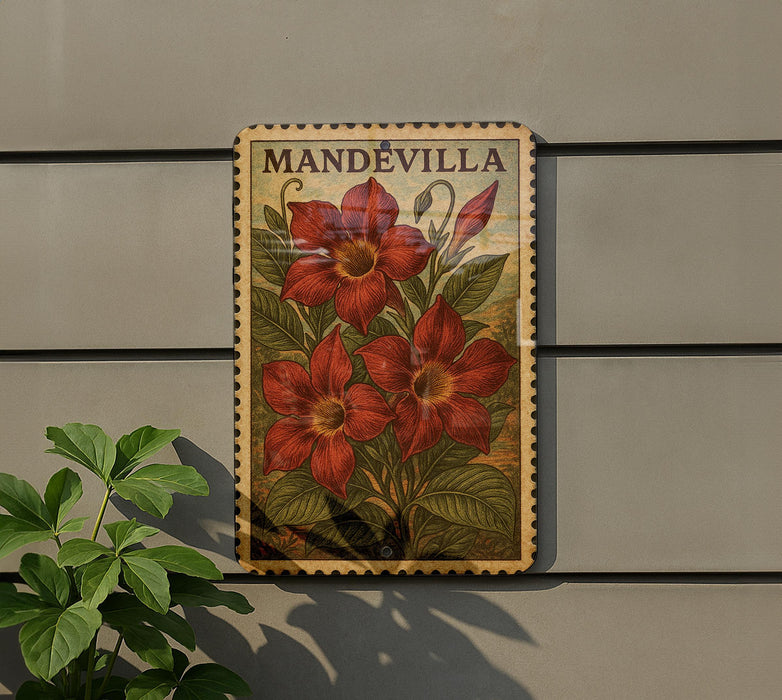 A vintage-style stamp or postcard with a floral design, featuring red flowers and green leaves, is displayed on a wall.