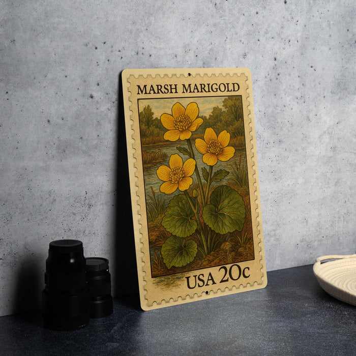 Marsh Marigold Vintage Stamp Style Metal Sign, Marsh Marigold Flower Plaque, Botanical Wall Decor, Garden Sign