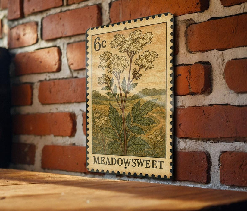 a vintage-style stamp or postcard with a floral illustration, mounted on a brick wall.